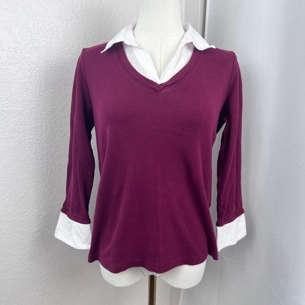 Y2K Top Womens Small‎ Burgundy Layered Cotton Preppy Ivy League Academia Classic
